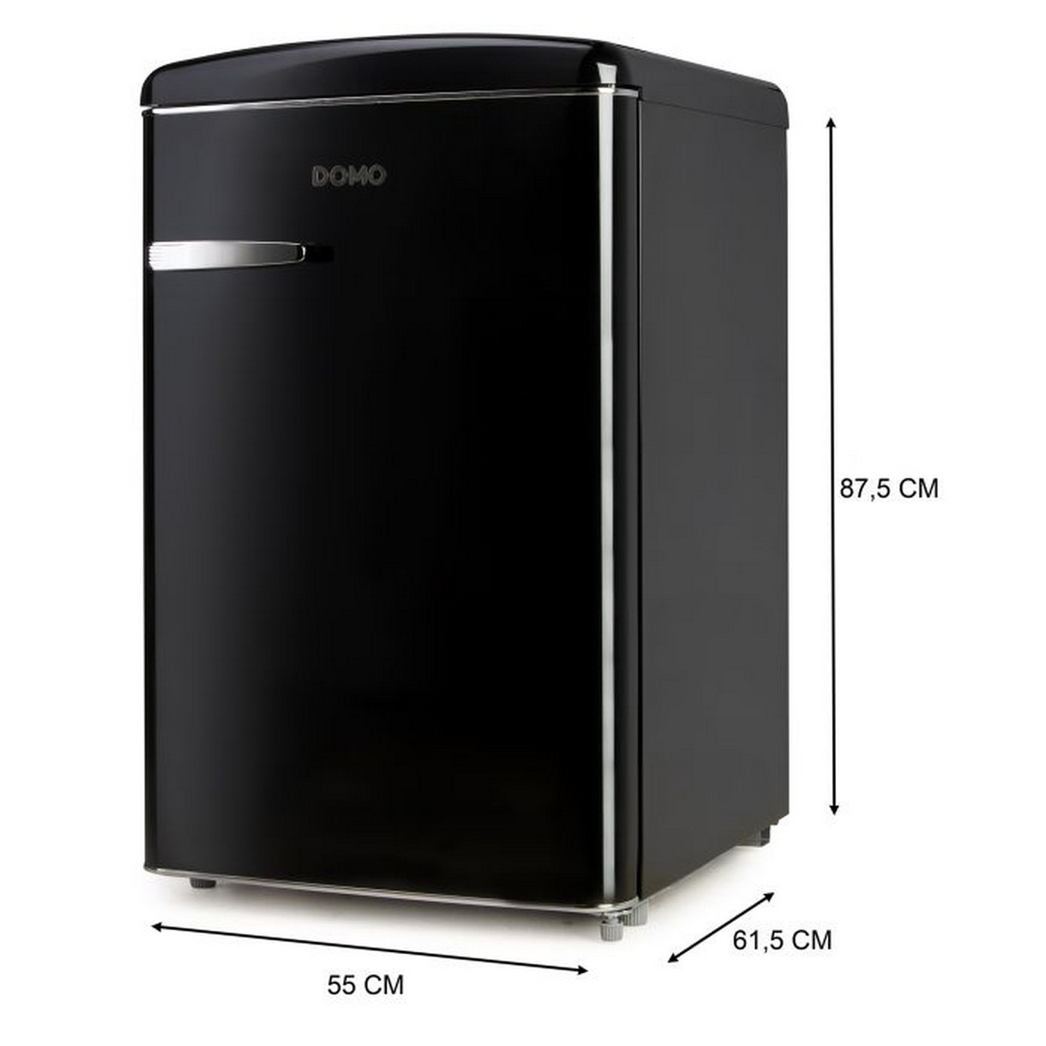 A black DOMO mini fridge, with dimensions labeled. Chrome accents and a handle are visible.