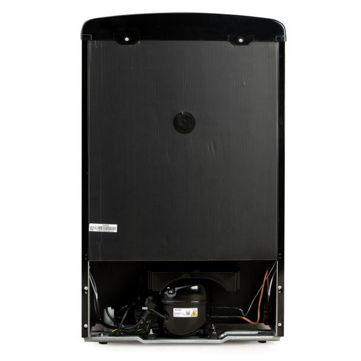 The back of a small black refrigerator with its components visible.