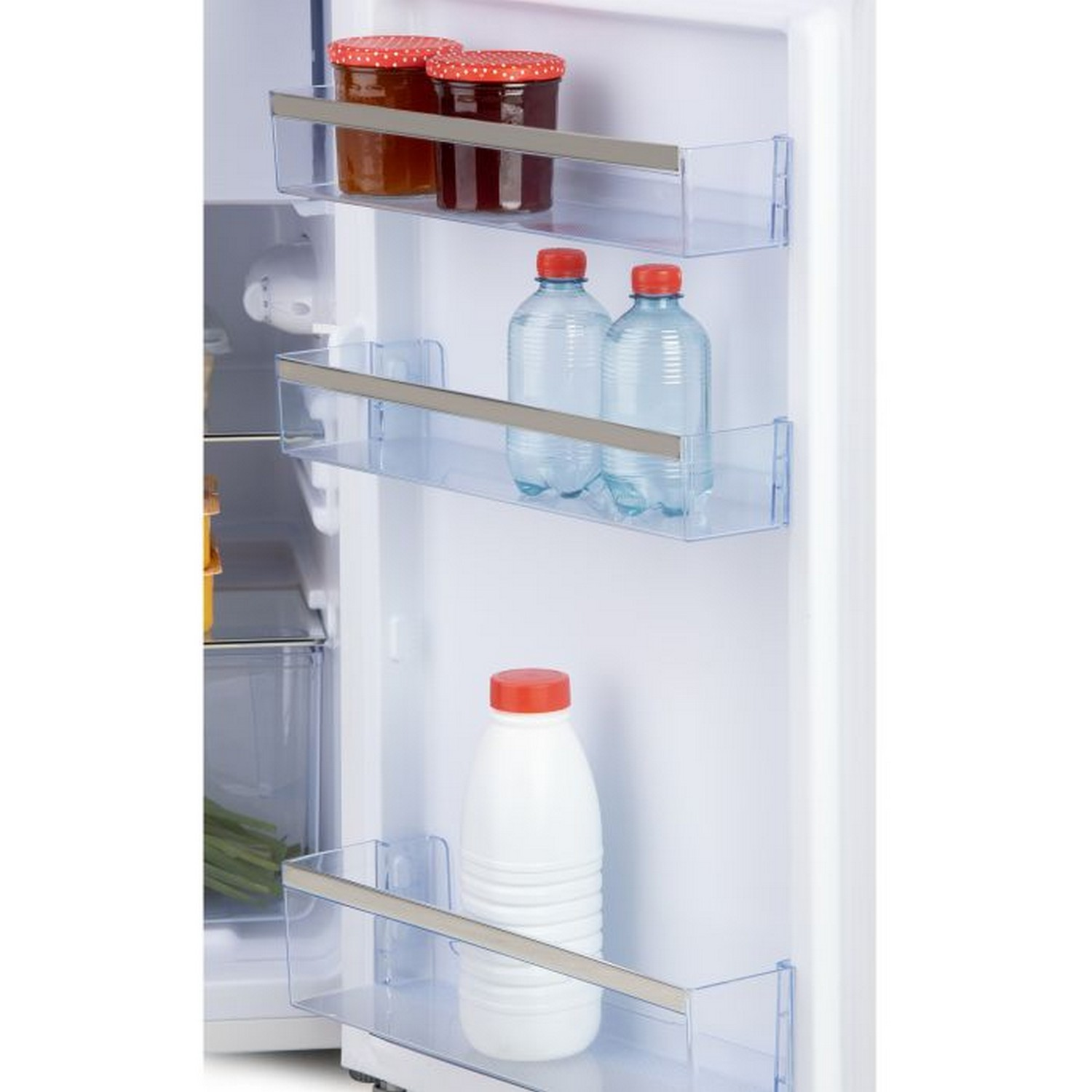 Open refrigerator with shelves holding jars, bottles, and a white container.