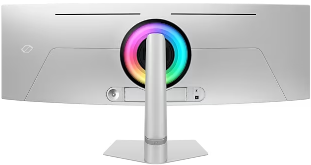 Silberfarbener UltraWide-Monitor, Rückansicht. Kreisförmiges Licht in der Mitte, Ständer unten.