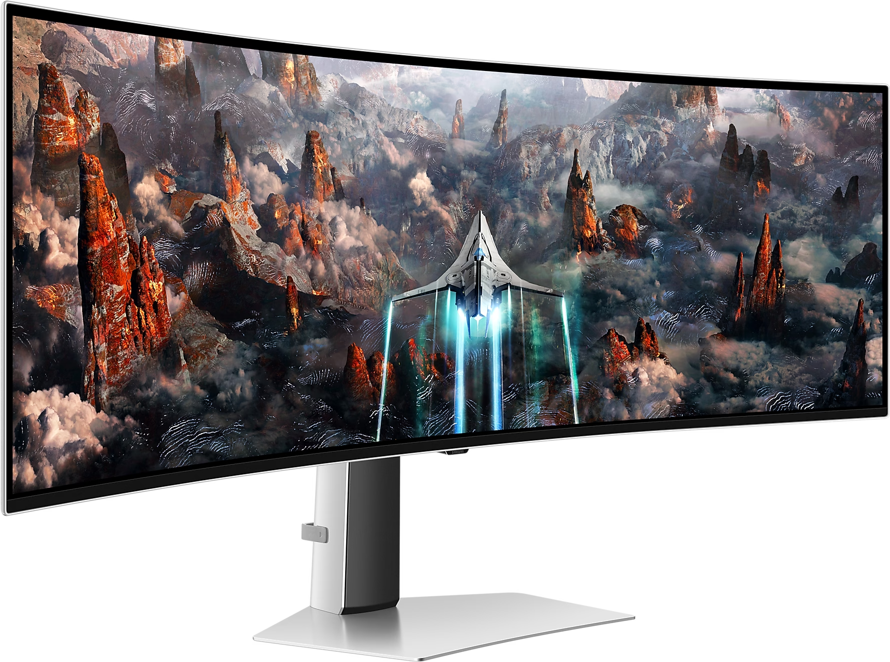 Gebogener Computermonitor mit futuristischer Landschaft und Raumschiff. Silberner Ständer. Schwarzer Hintergrund.