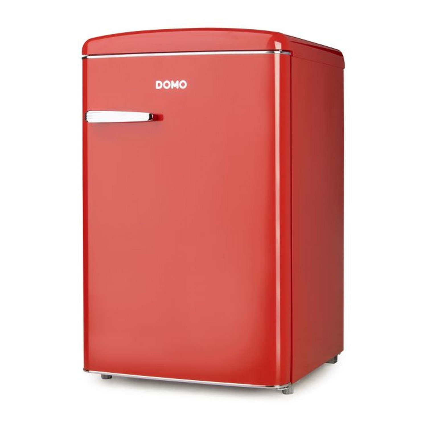 Red retro refrigerator with chrome handle and the word DOMO.