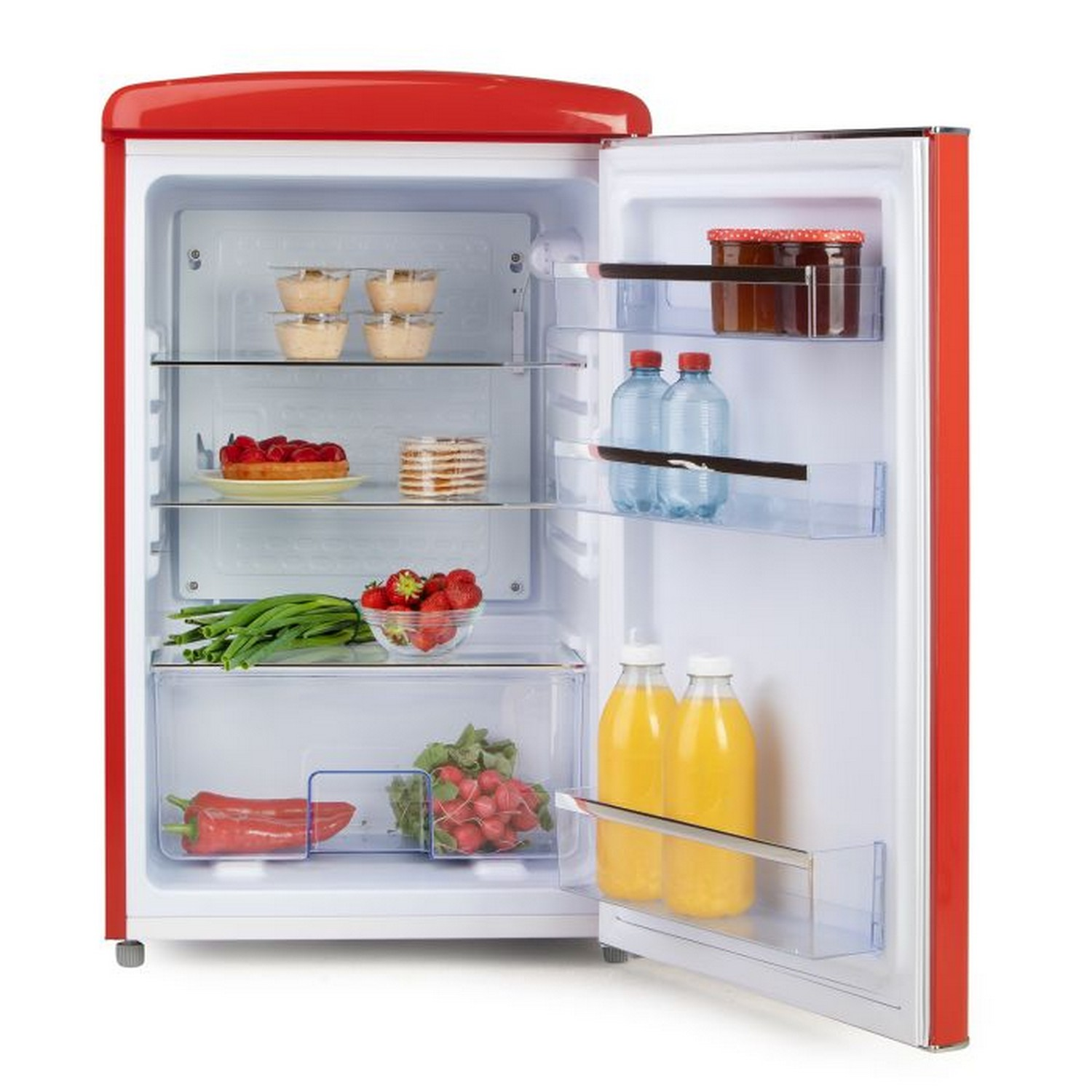 Red retro refrigerator open, with food inside: desserts, drinks, fruits, and vegetables.