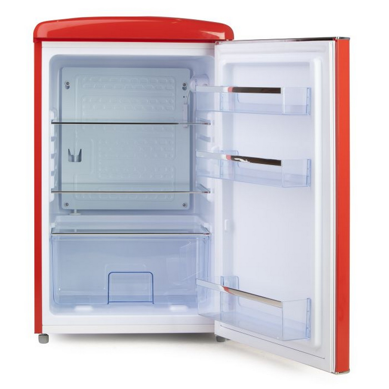 A red retro refrigerator with an open door, revealing shelves, and a clear drawer.