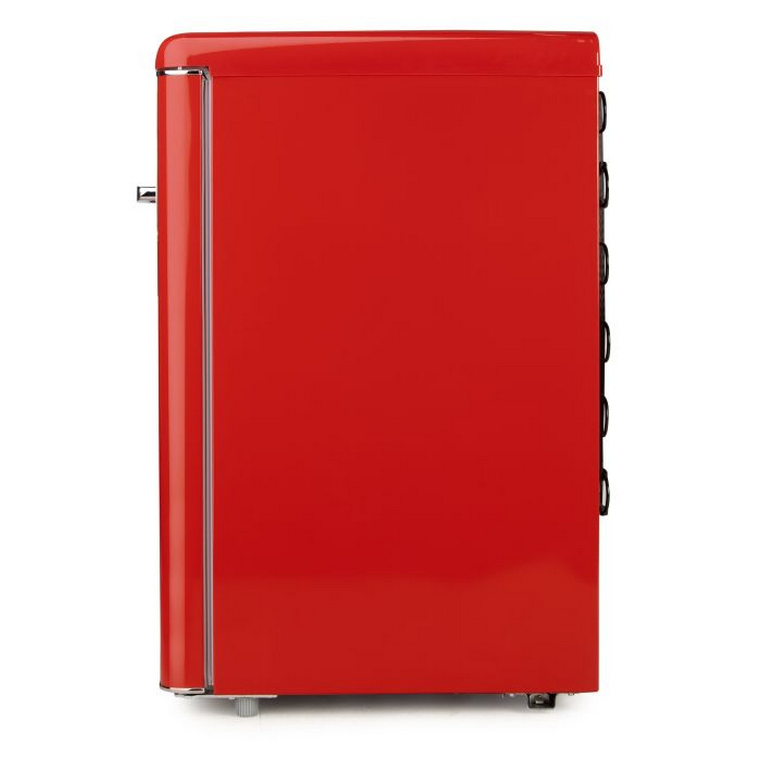 Red refrigerator, side view, with a handle and a smooth surface.
