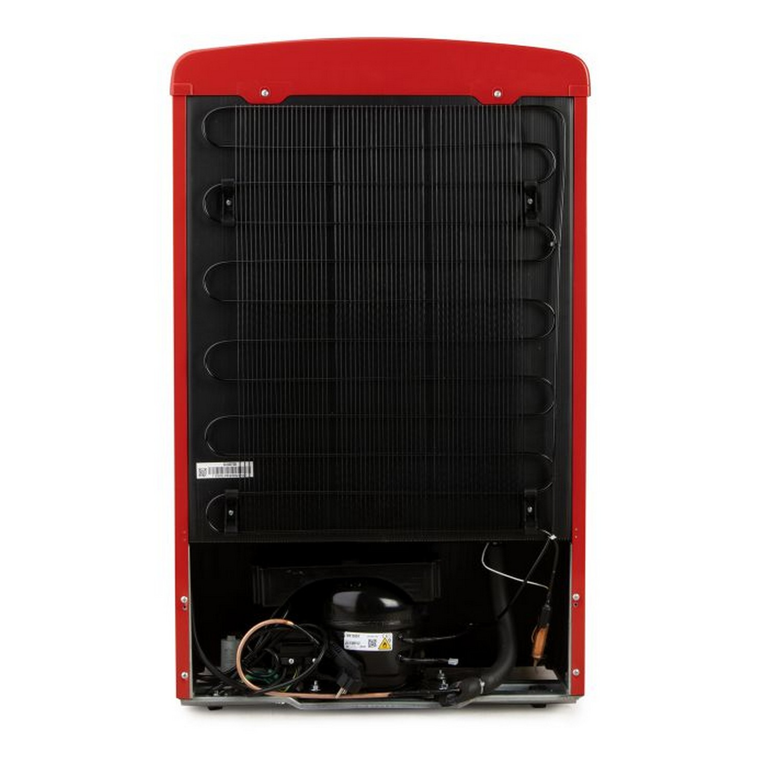 Back of a red refrigerator. Shows black coils, a motor, and various components.