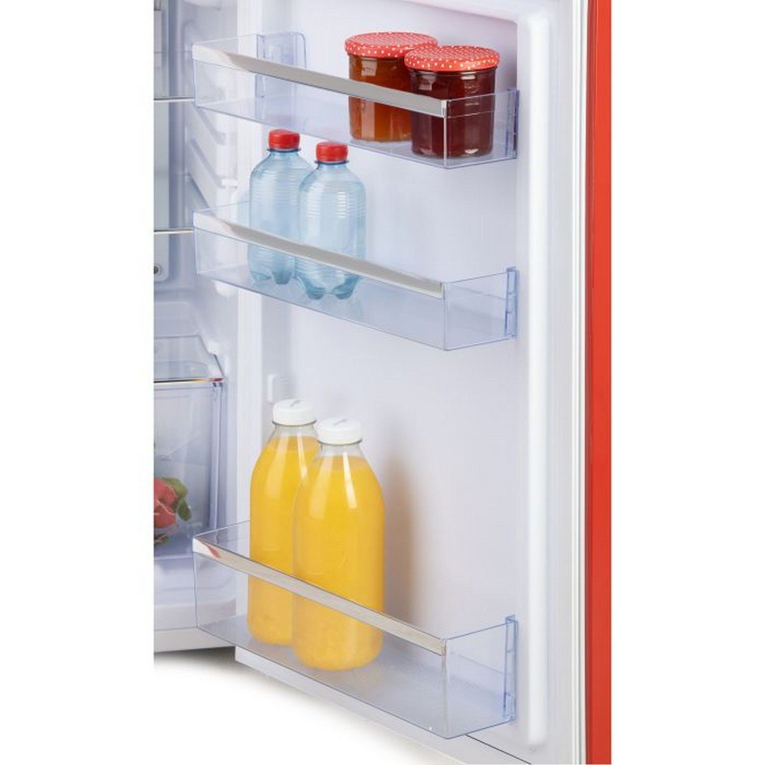 Refrigerator interior with shelves, bottles, and jars.