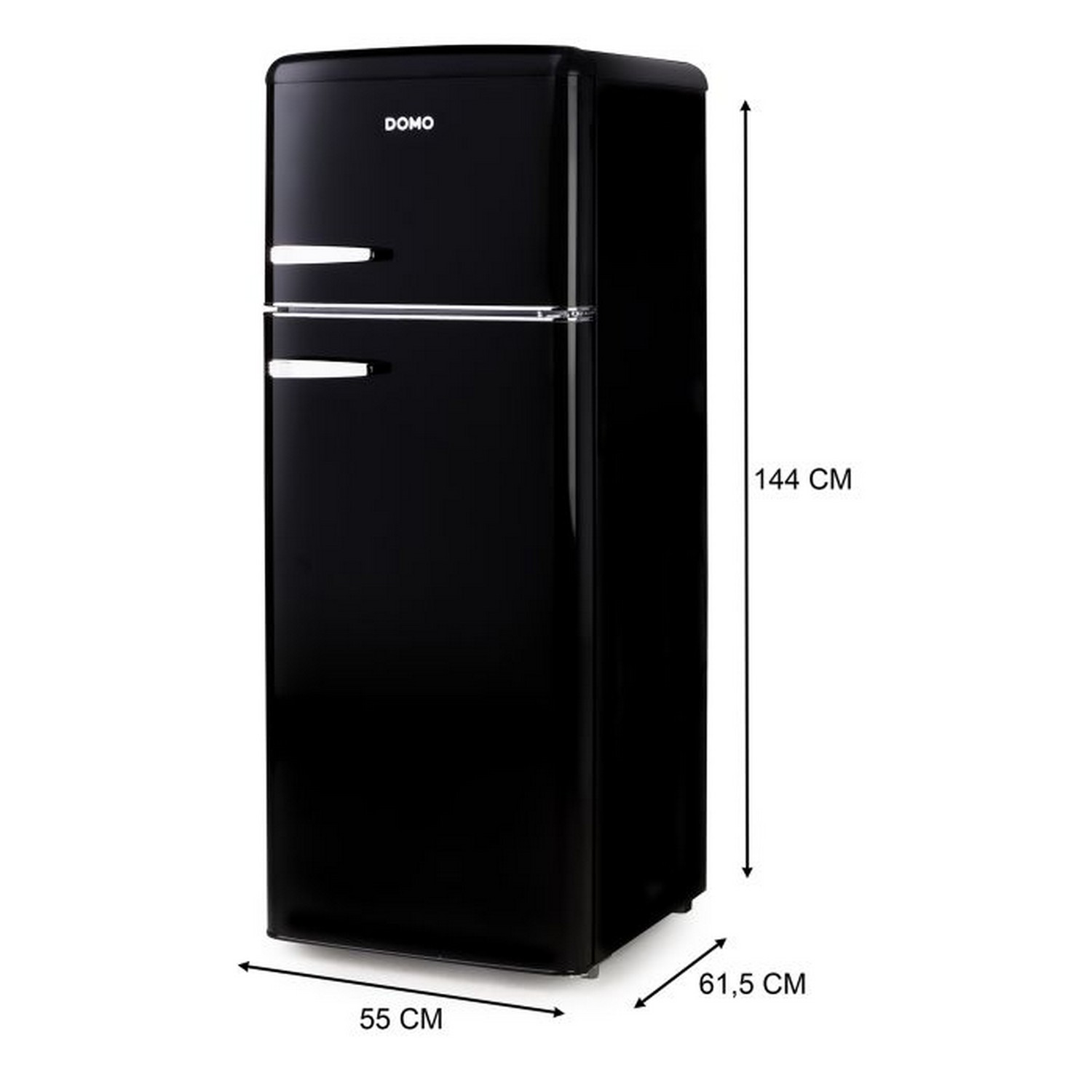 Réfrigérateur rétro noir avec dimensions. Portes supérieure et inférieure avec poignées argentées. La marque est DOMO.