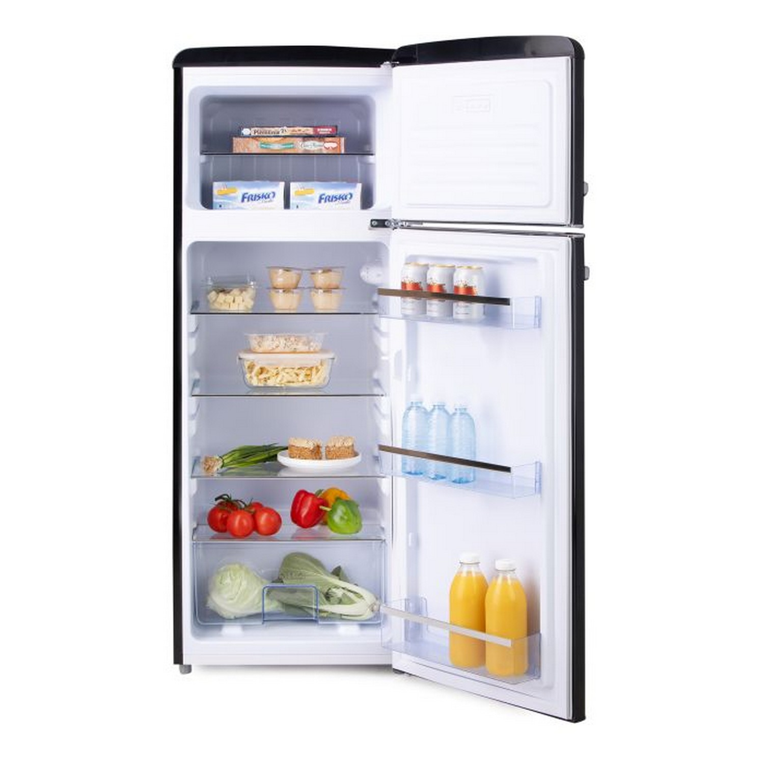Réfrigérateur noir et blanc avec la porte ouverte. Les aliments sont visibles à l'intérieur.
