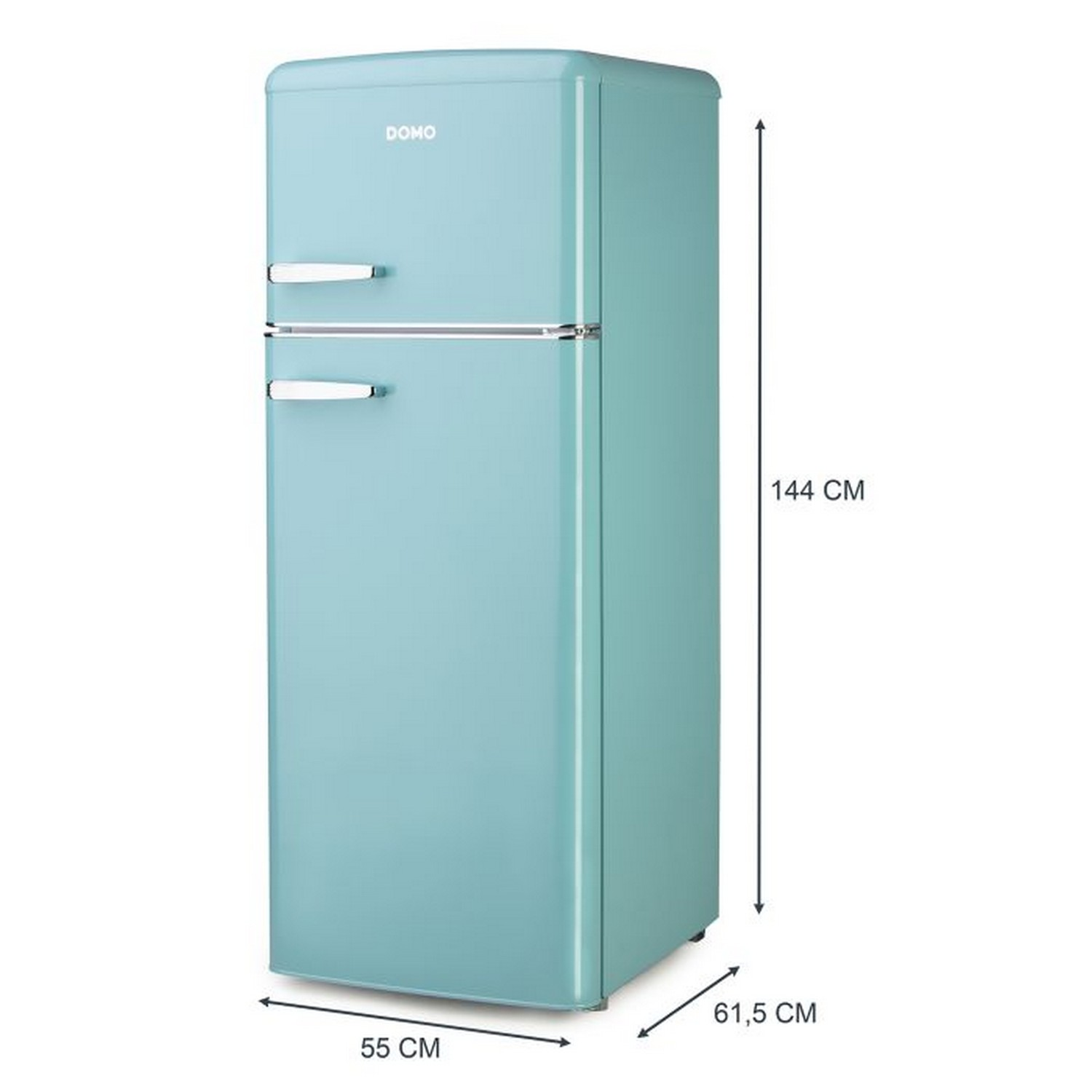Réfrigérateur vintage bleu. Dimensions : 144 cm hauteur, 55 cm largeur, 61,5 cm profondeur.