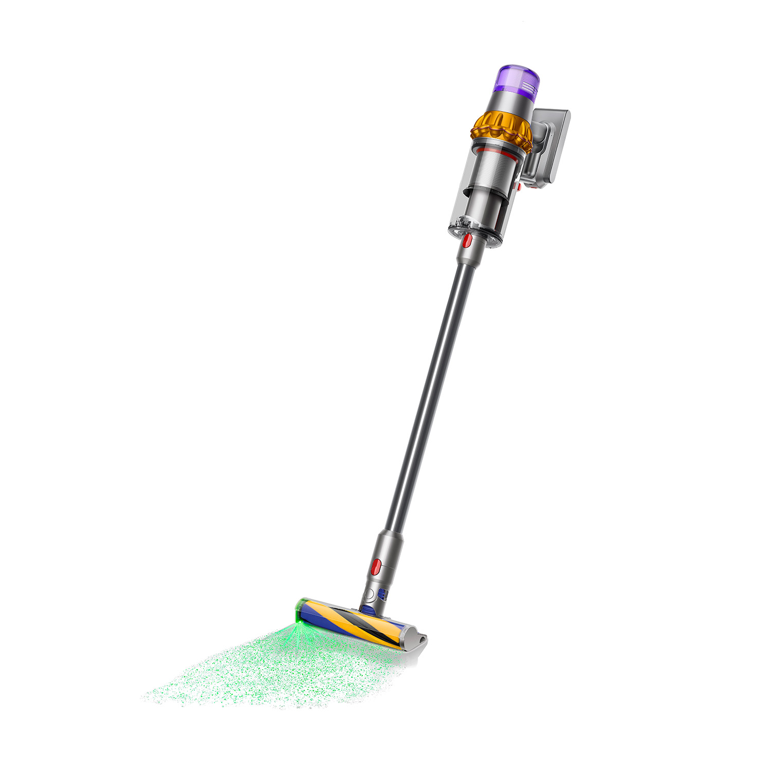 Aspirapolvere argento e viola. Luce verde che esce dalla spazzola. Sfondo bianco.