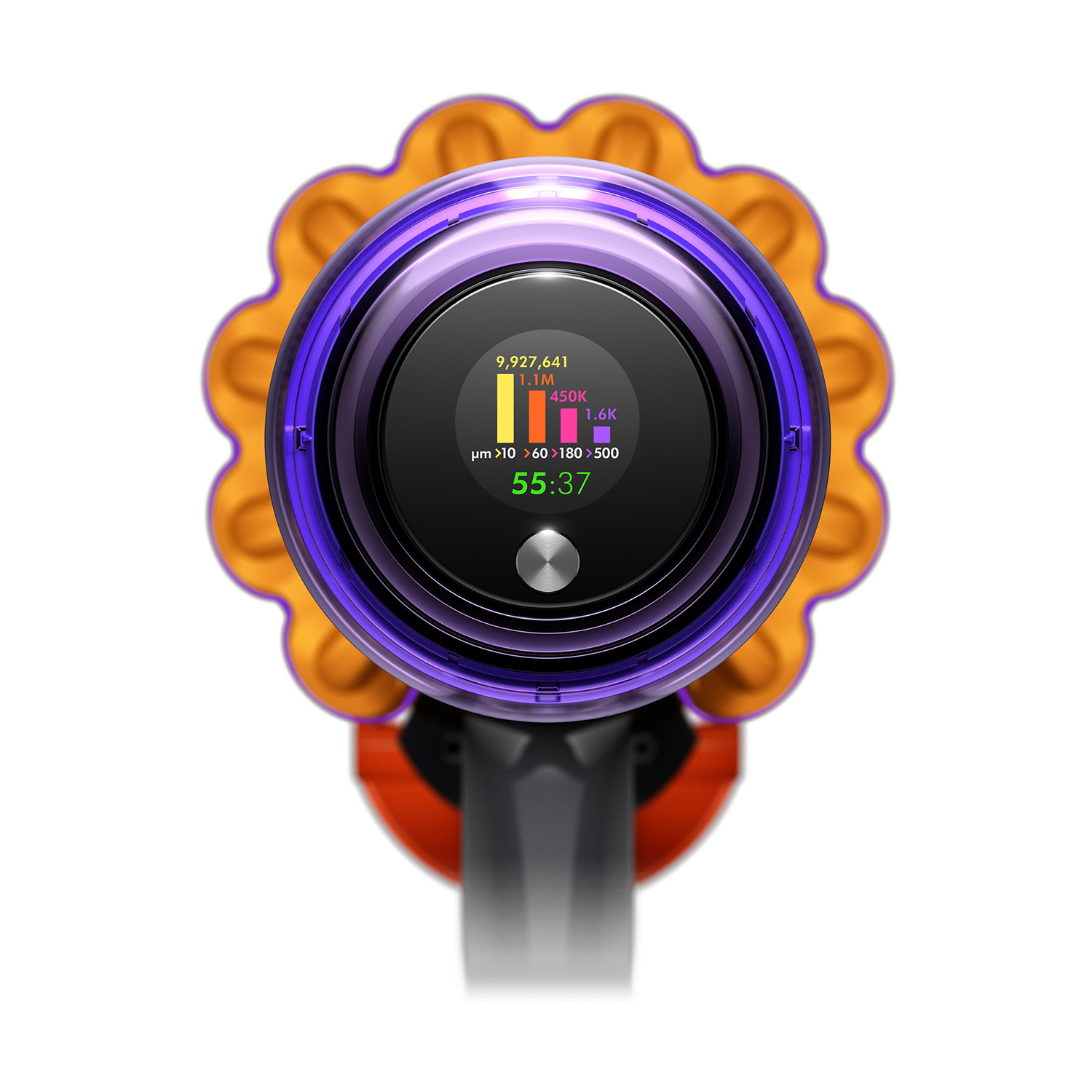 Testa aspirapolvere Dyson. Dettagli viola e gialli. Display digitale con dati.