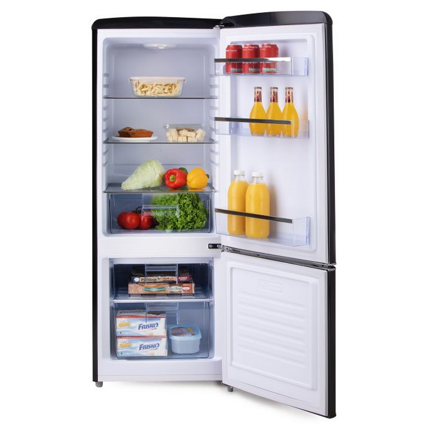 Réfrigérateur ouvert avec aliments et boissons à l'intérieur. Étagères et tiroirs visibles.
