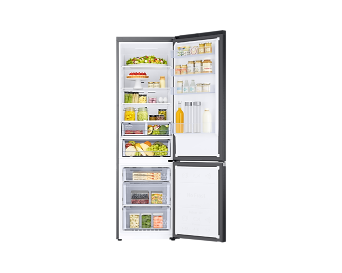 Un réfrigérateur avec les portes ouvertes, rempli d'aliments.