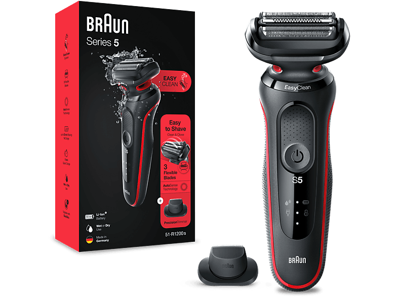 Afeitadora  Braun Series 5 51-R1200s, 3 Cuchillas, Afeitadora eléctrica  para barba, EasyClean, Wet & Dry, Rojo
