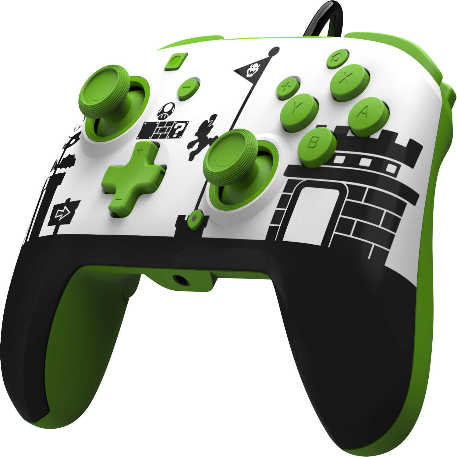 White and green controller with illustrations of a castle and Mario. Black and green buttons.