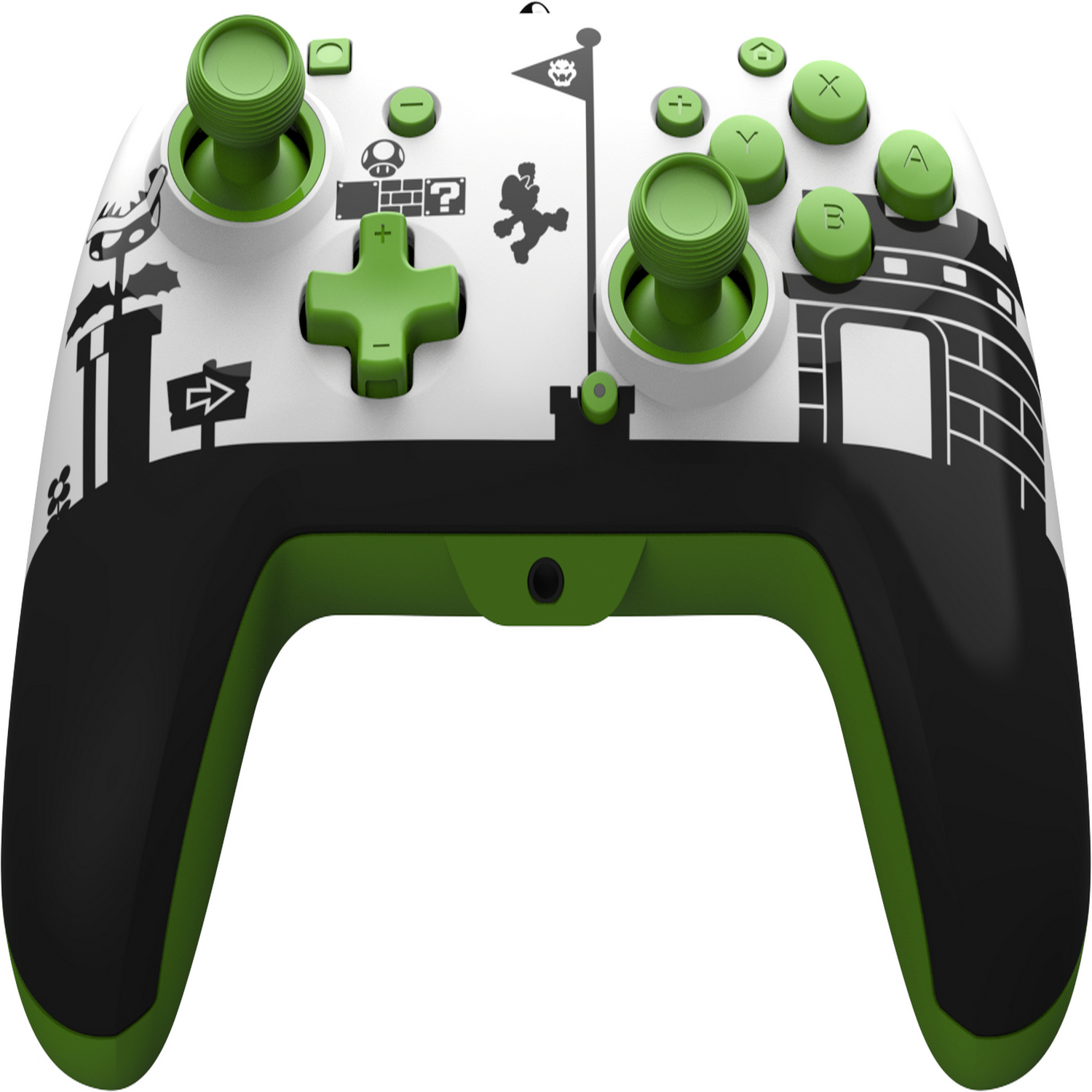 A white and green themed game controller with Mario-themed graphics.