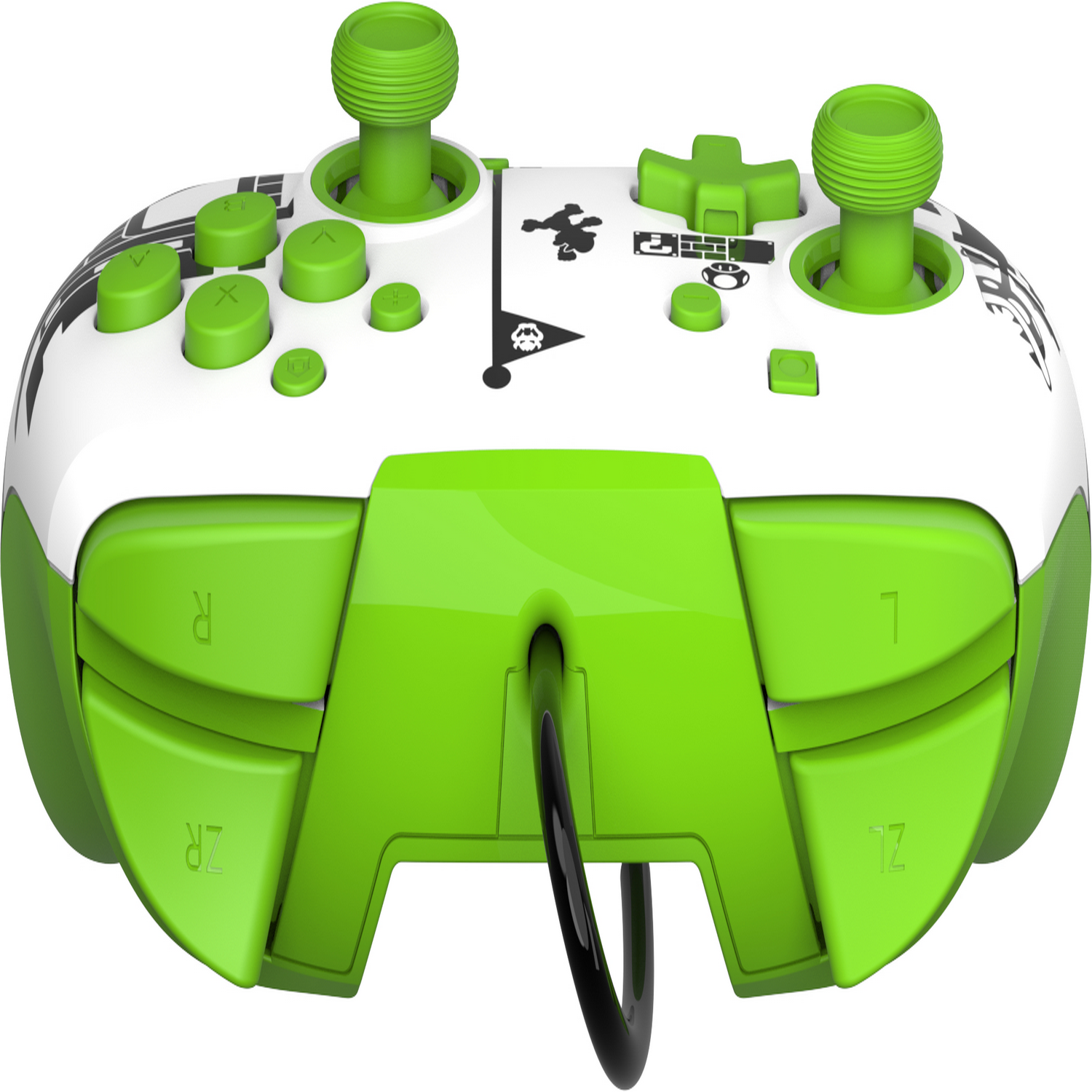 A green and white game controller with green joysticks and buttons, black cable.