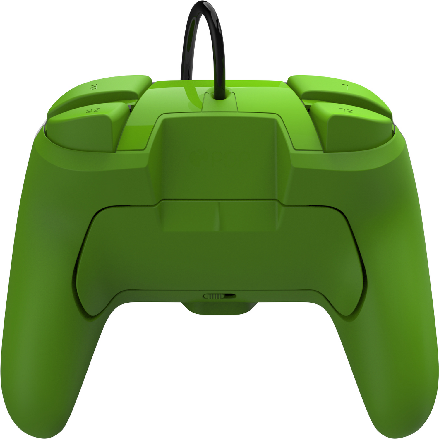 A green game controller with four buttons and a cable, angled for a close-up view.