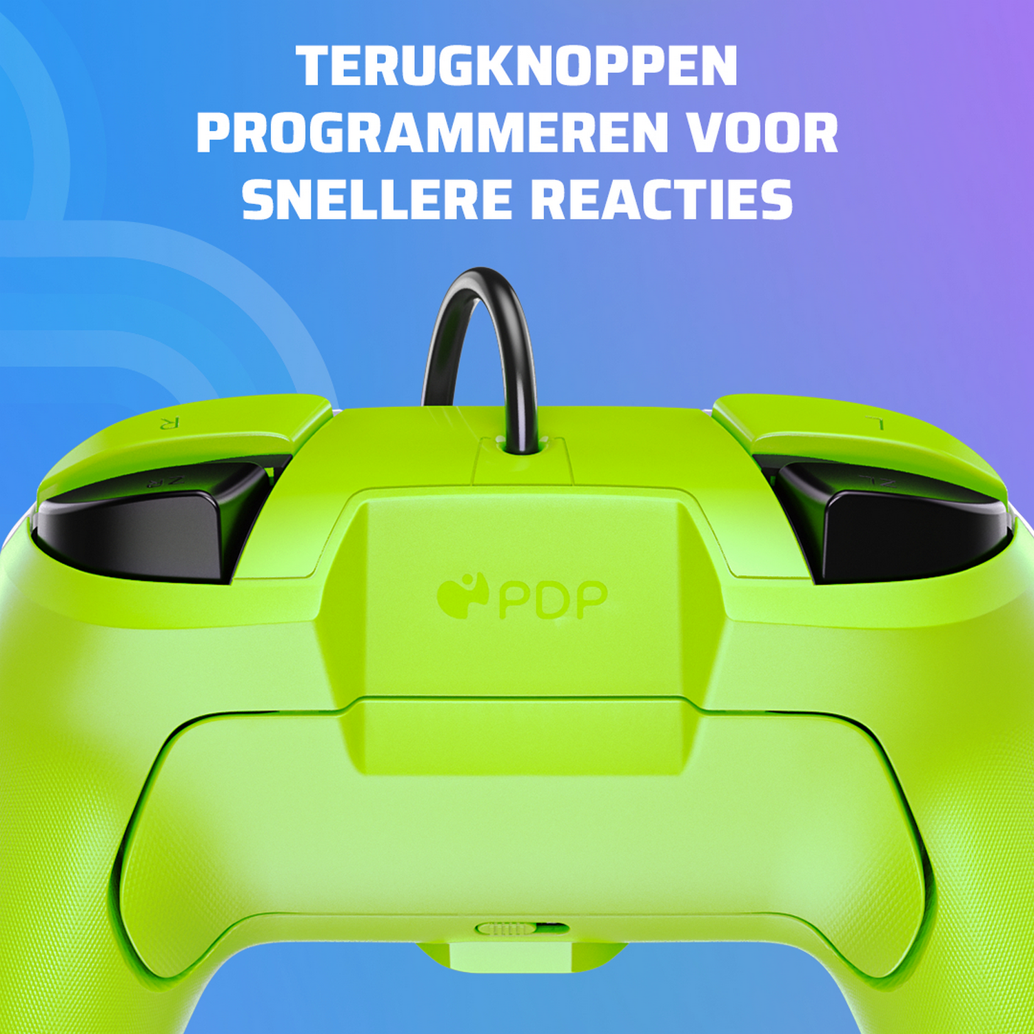 A green gamepad with black triggers and a black cable, with text above.