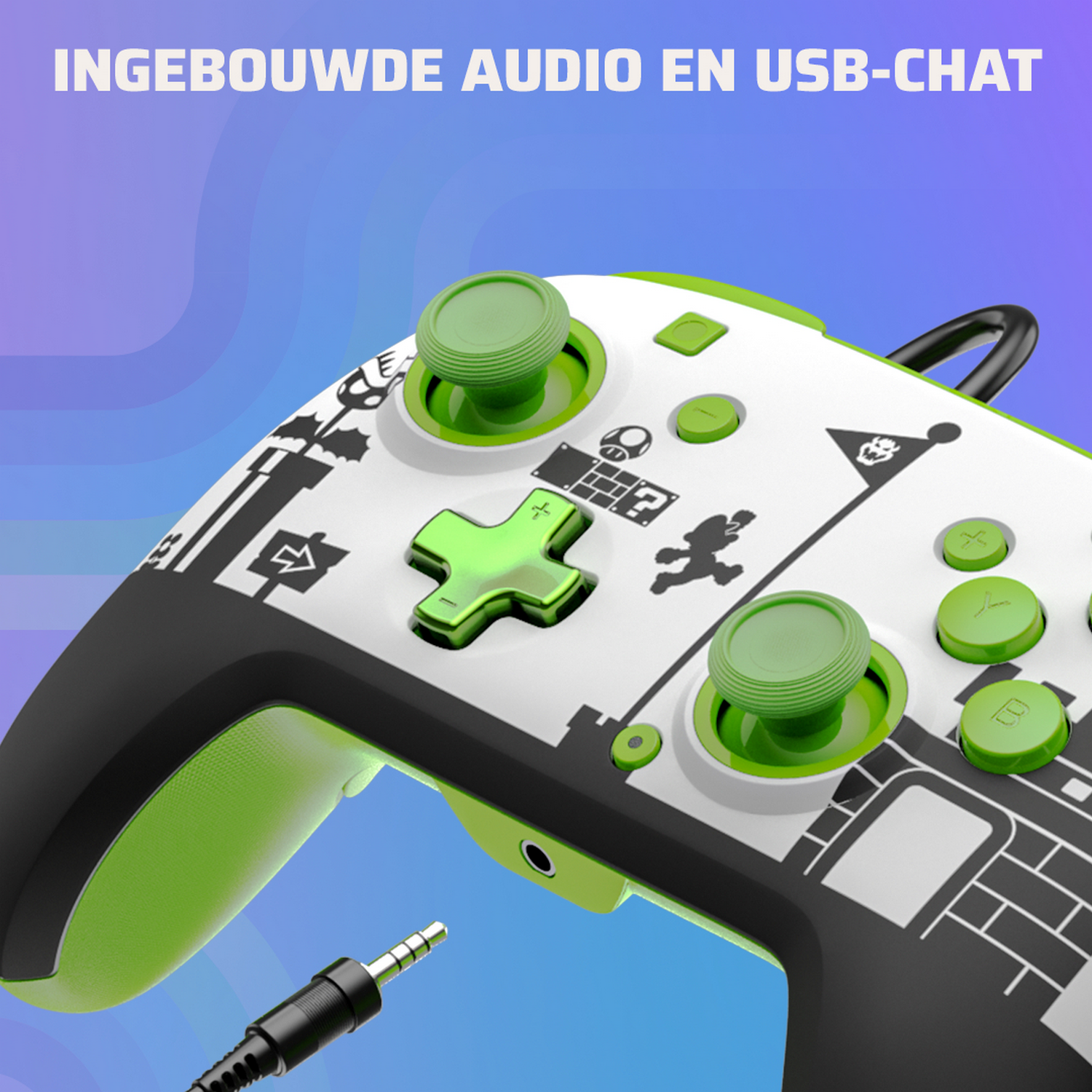 Green and white game controller with green buttons, black cable.