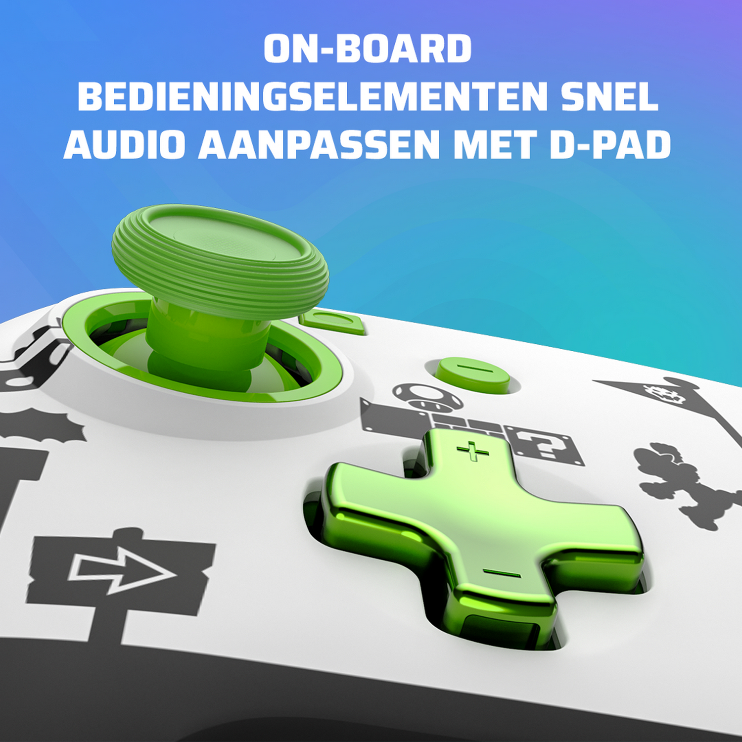 Green cross shaped D-pad on a white gamepad. A green joystick is in the background. Text says, 'ON-BOARD'.
