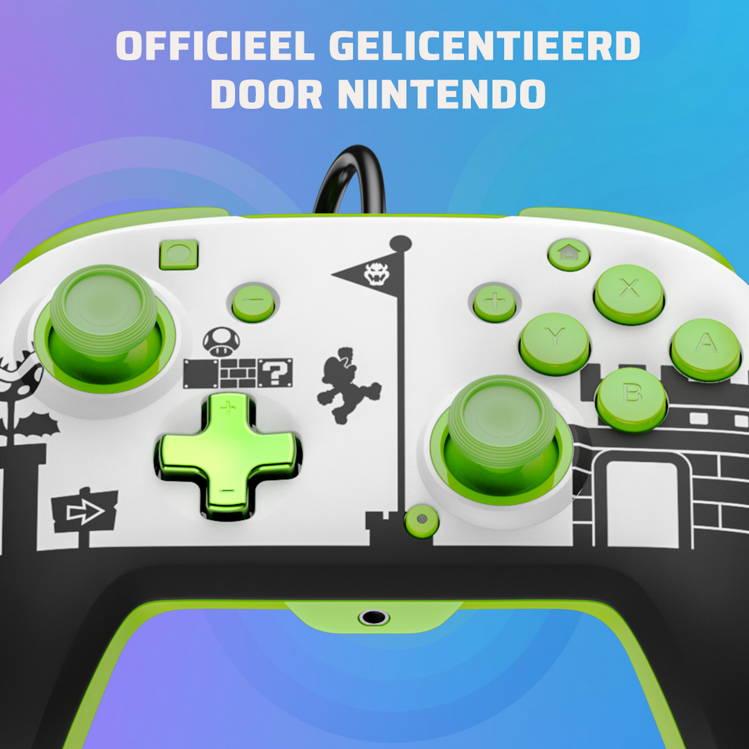 A white and green Nintendo Switch controller with Mario-themed graphics and buttons.