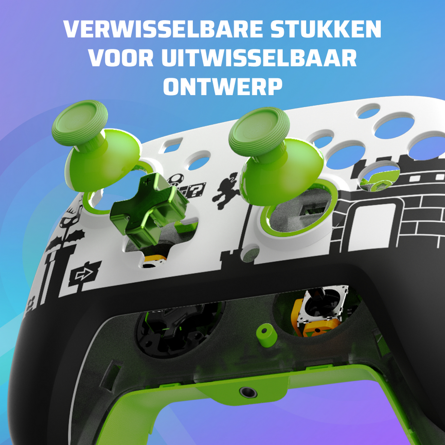 Game controller disassembled, with green buttons and black and white details.  Green accent.