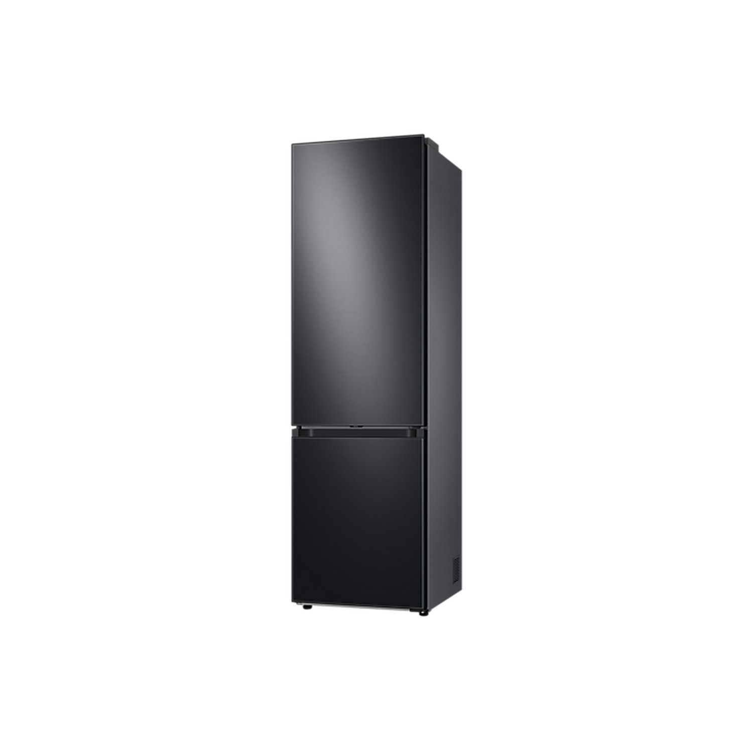 A tall, black refrigerator with two doors, standing against a white background.