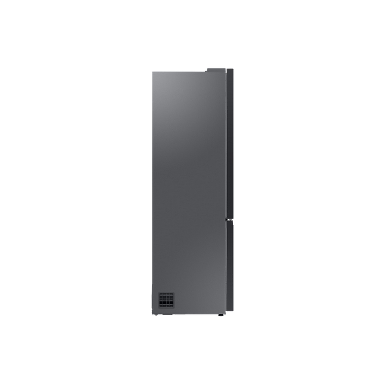 Gray side-view of a refrigerator, showing a door with a handle and vent.