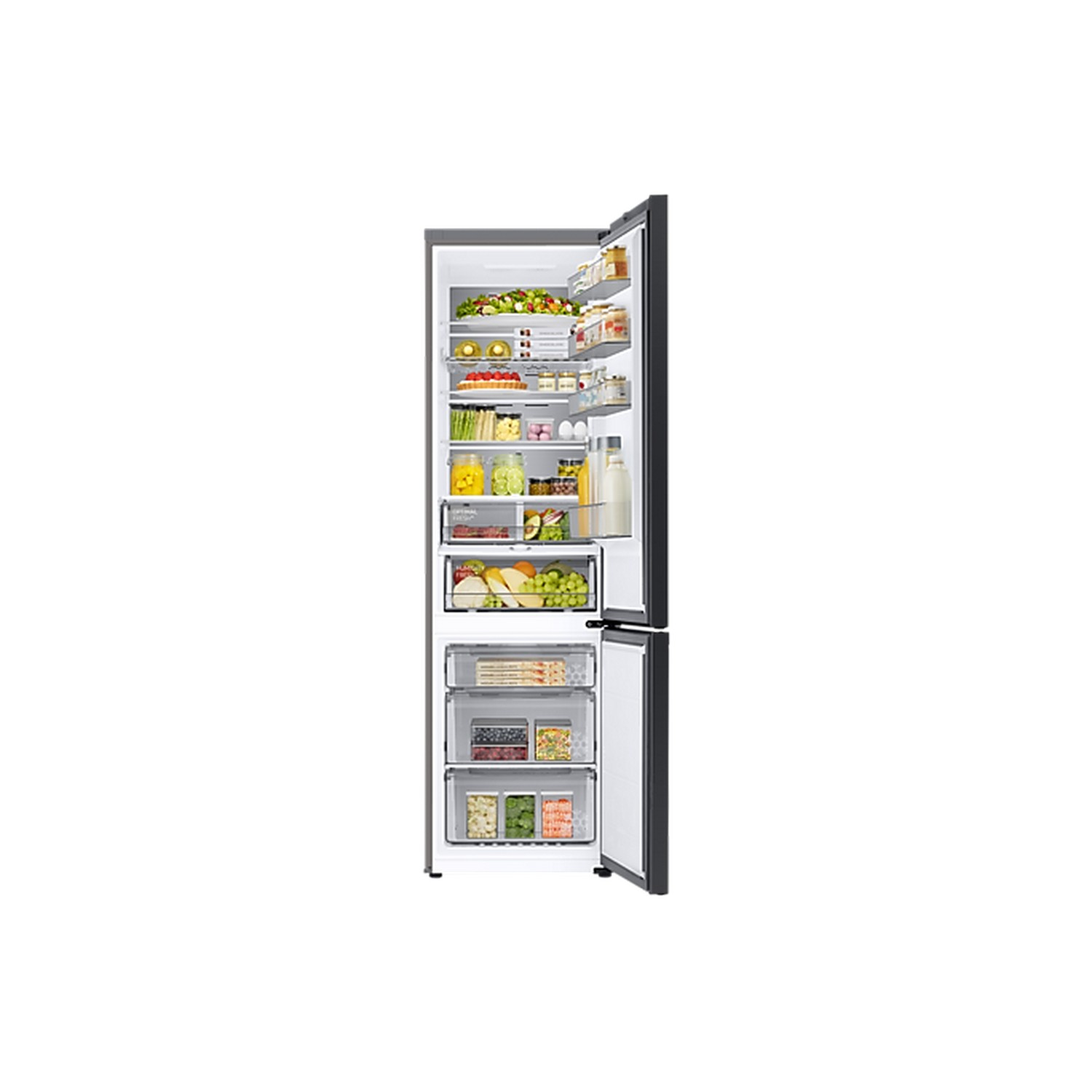 Refrigerator with door open, showing shelves of food. The freezer is at the bottom.