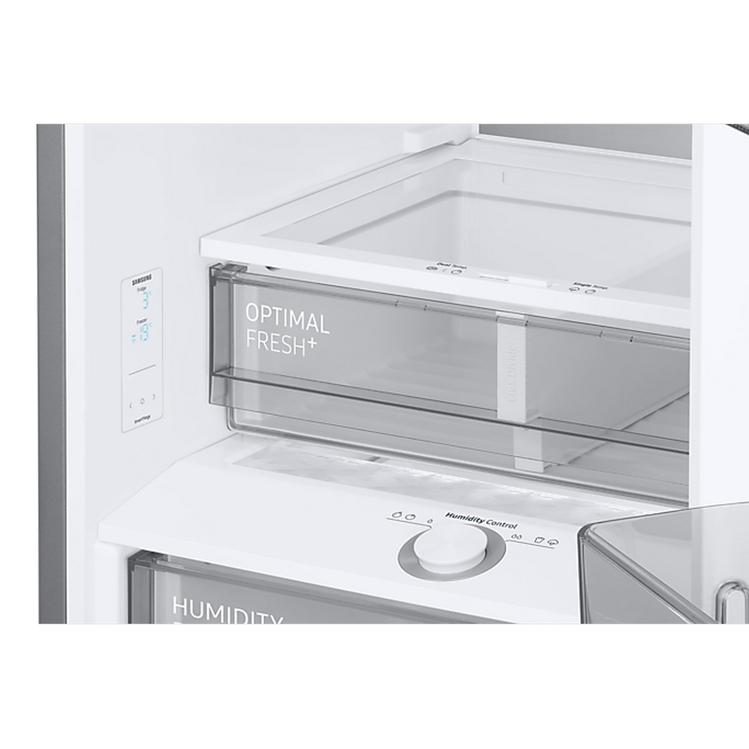 Refrigerator interior close-up, drawers labeled 'Optimal Fresh+' and 'Humidity Control'.