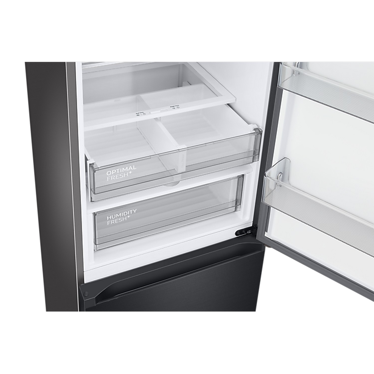 An open refrigerator with two drawers labeled 'Optimal Fresh+' and 'Humidity Fresh+'.