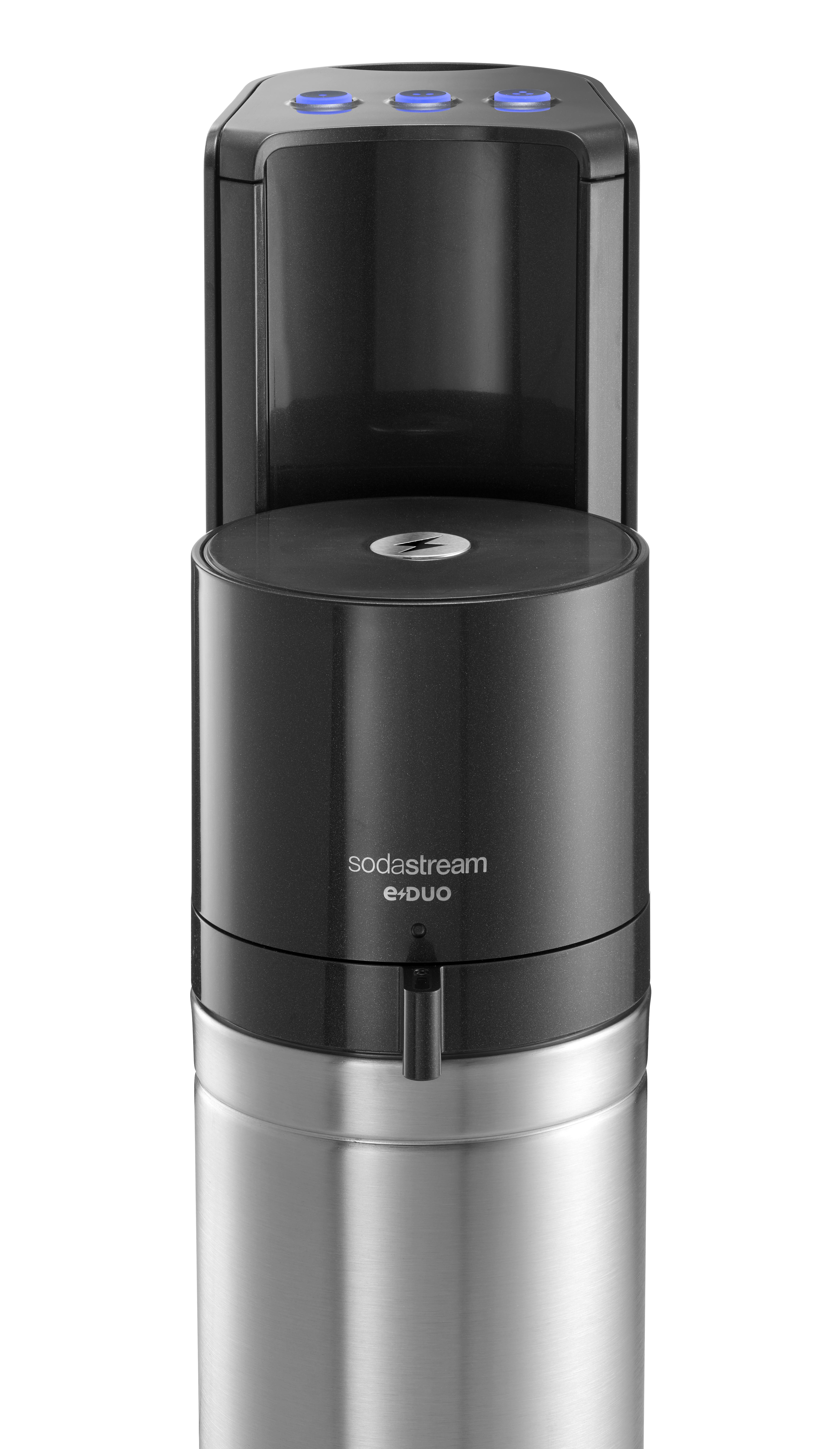 Eine schwarze und silberne SodaStream e-DUO Maschine. Der Hintergrund ist weiß.