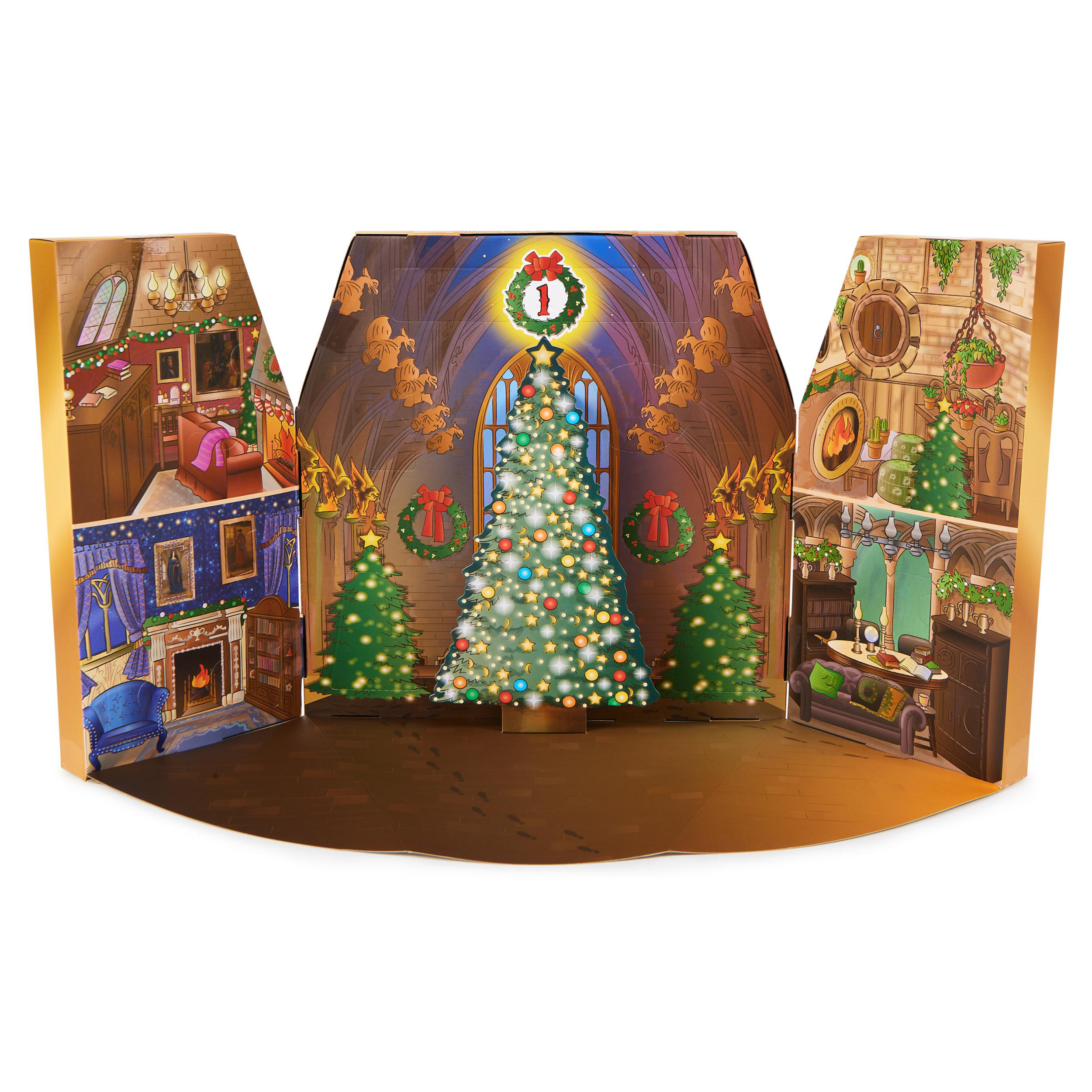 Weihnachts-Adventskalender, geöffnet. Ein Baum steht im Mittelpunkt, umgeben von Szenen von Räumen mit Feiertagsdekorationen.
