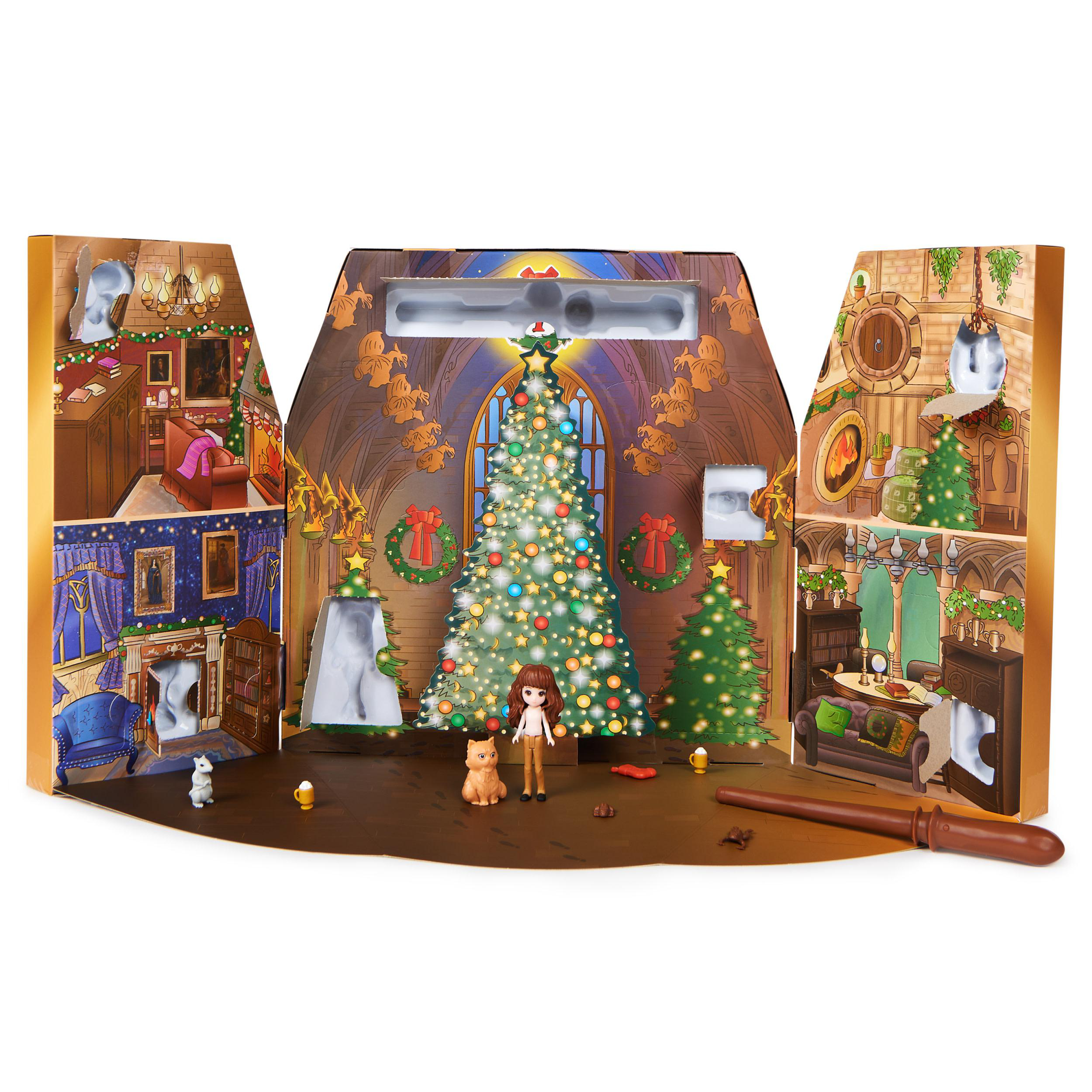 Harry Potter Adventskalender mit Weihnachtsbaum, Figuren und Dekorationen.