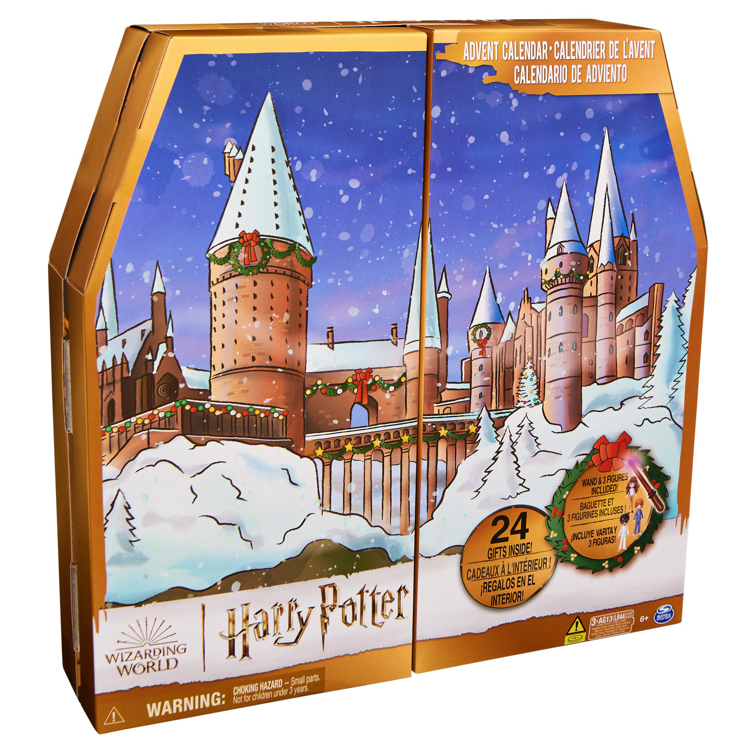 Adventskalender-Box mit verschneiter Schlossszene. 24 Geschenke innen, Harry-Potter-Branding.