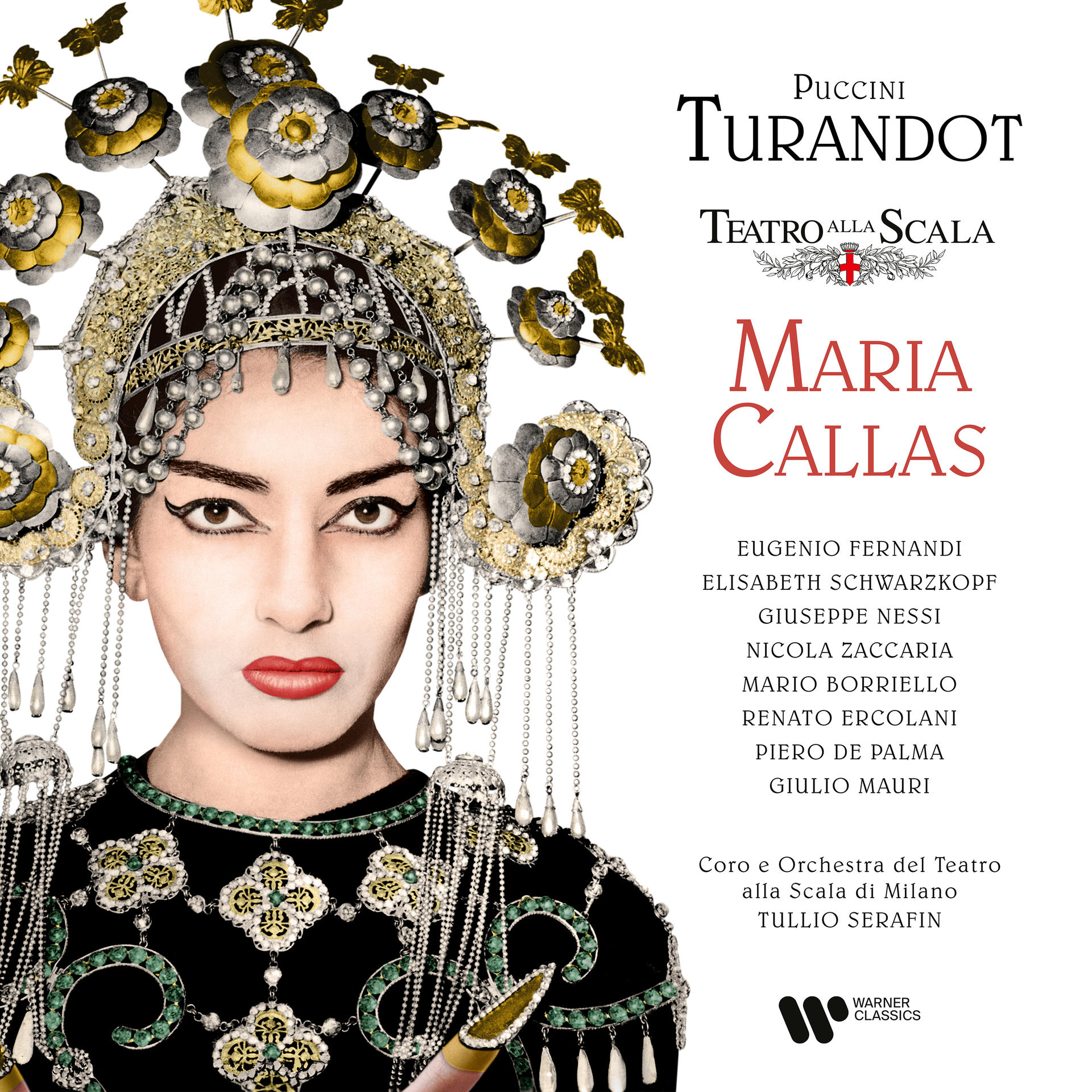 Album borító Maria Callasszal. Részletes fejdíszt és ékszereket visel, fekete háttér előtt.