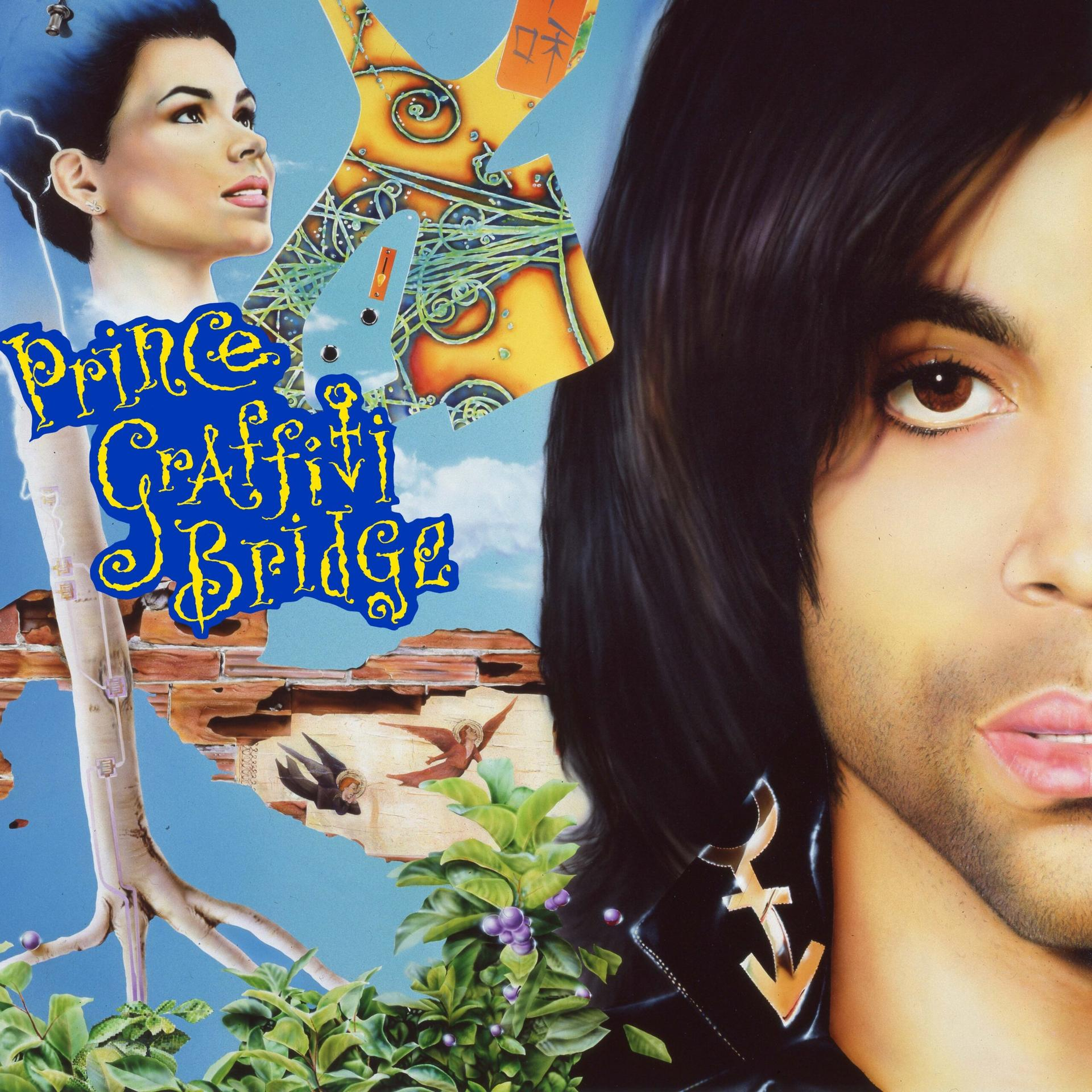 Prince Graffiti Bridge Albumcover. Zeigt Prince's Gesicht und eine Frau. Farbenfrohes Artwork.