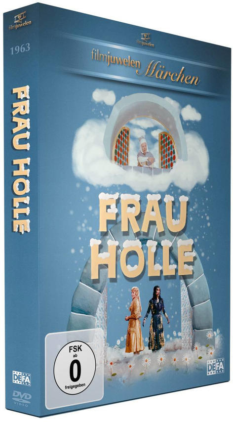 DVD-Box des Films 'Frau Holle', blauer Umschlag mit Illustrationen und Text.