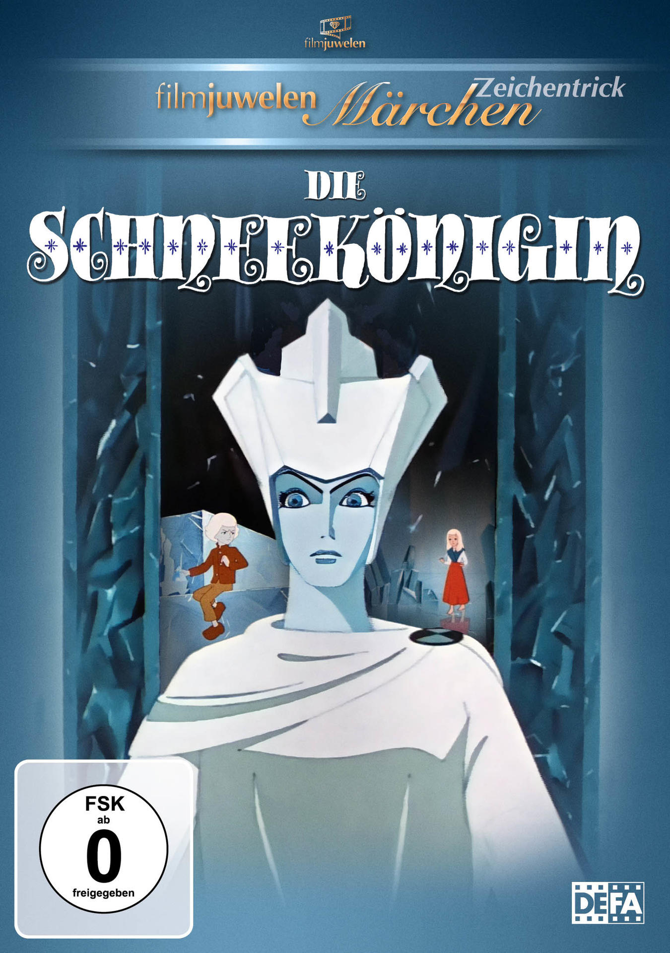 DVD-Cover für Die Schneekönigin. Zeigt die Schneekönigin und andere Zeichentrickfiguren.