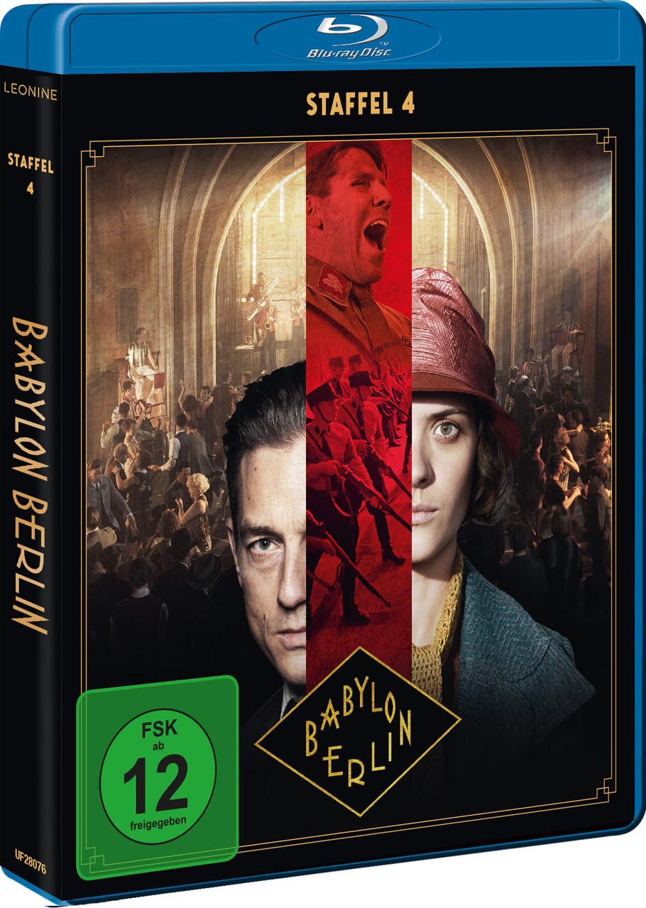 Blu-ray-Cover mit vier Gesichtern und einer Menschenmenge. Der Titel lautet "Babylon Berlin", Staffel 4.