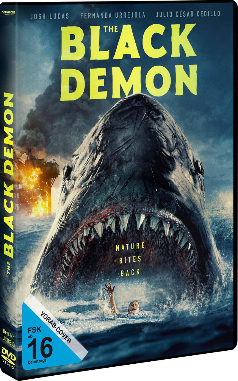 DVD-Cover für 'The Black Demon' mit einem Hai, der eine Person angreift.