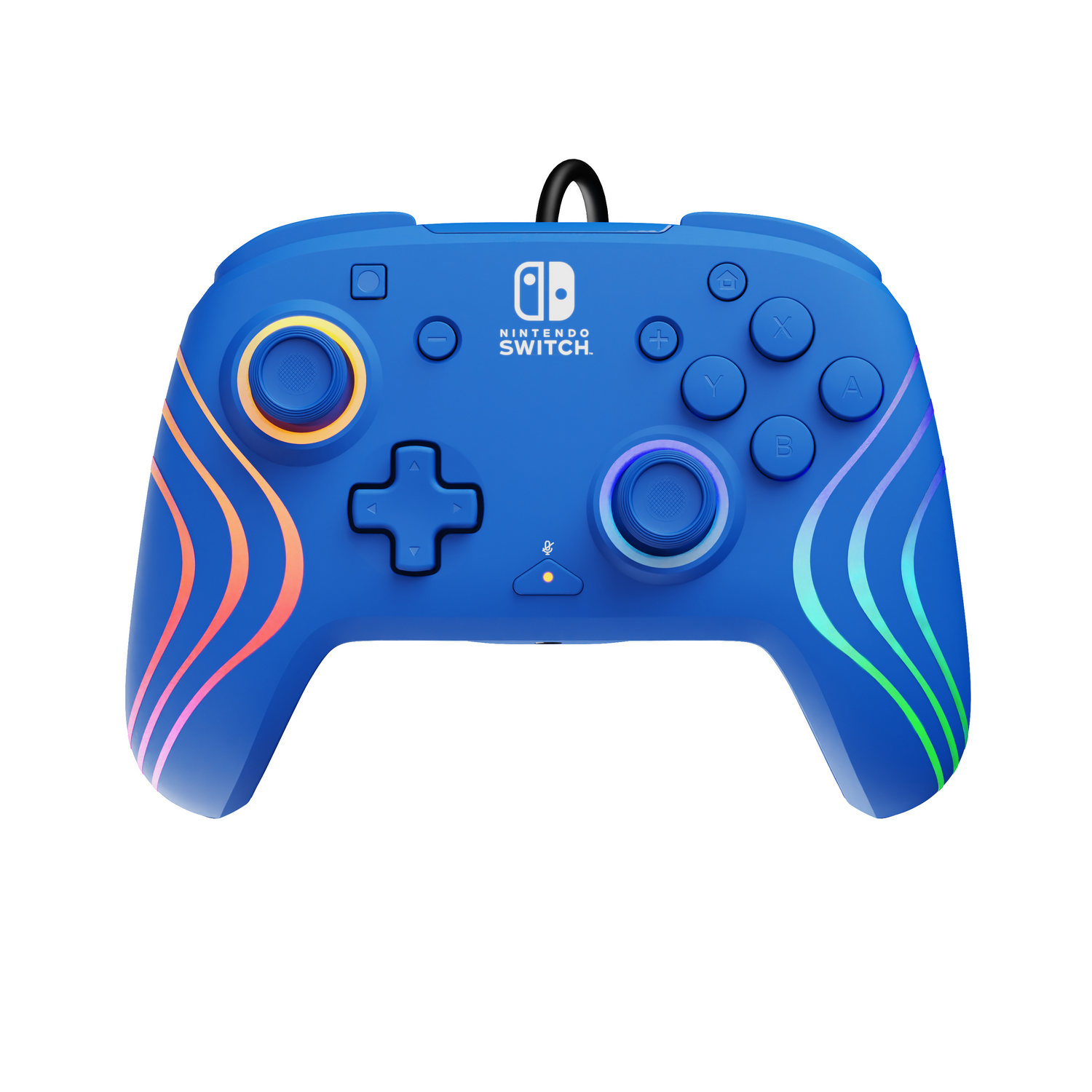 Blauwe Nintendo Switch controller met kleurrijke golflichten.