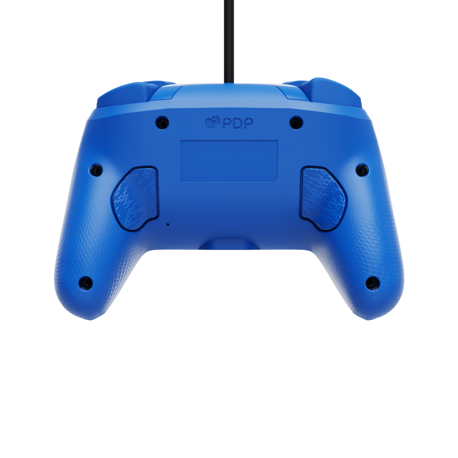 Blauwe videogamecontroller achteraanzicht, met knoppen en een zwart snoer op wit.