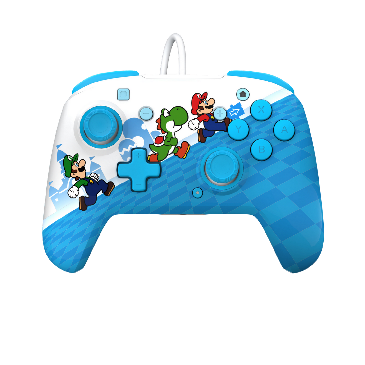 Nintendo Switch controller met Mario, Luigi en Yoshi, blauw en wit design.