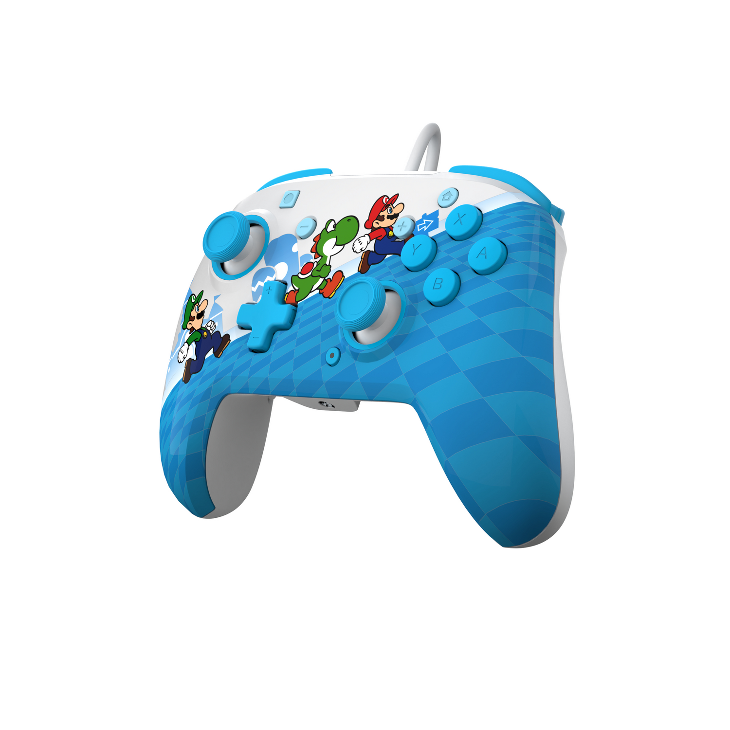 Blauwe Nintendo Switch controller met Mario, Luigi en Yoshi graphics.