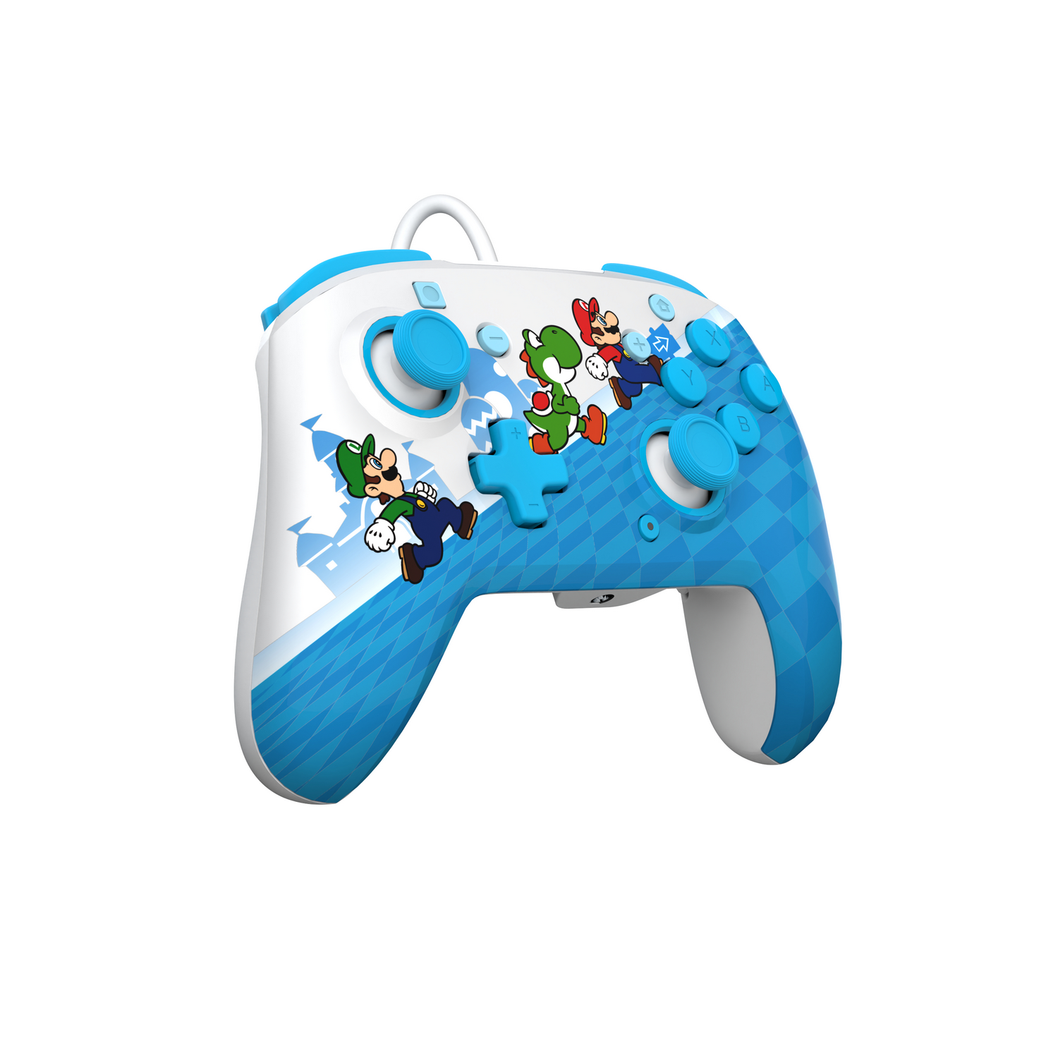 Een witte en blauwe Nintendo Switch-controller met Mario-personages en knoppen.