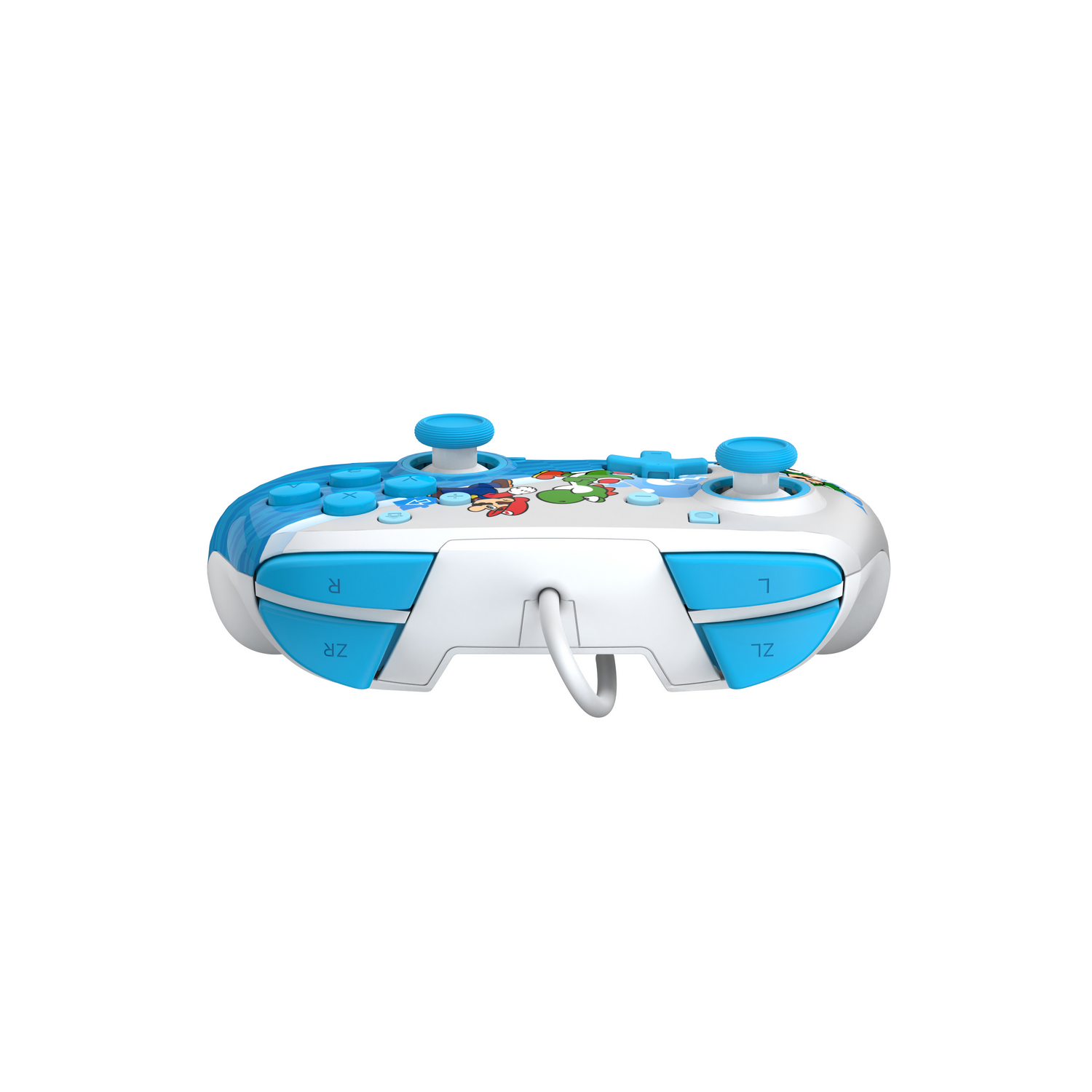 Blauwe en witte videogamecontroller met meerdere knoppen en een snoer.