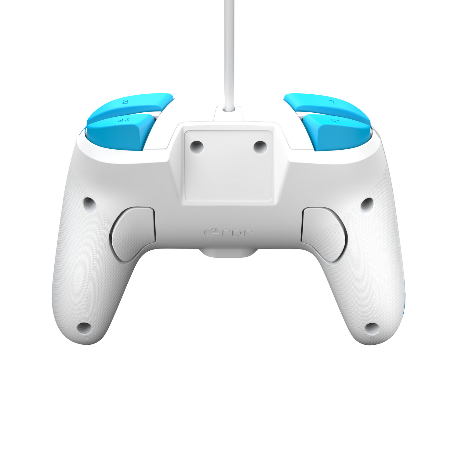 Witte PDP-controller met blauwe knoppen. De achterkant heeft een eenvoudig ontwerp.